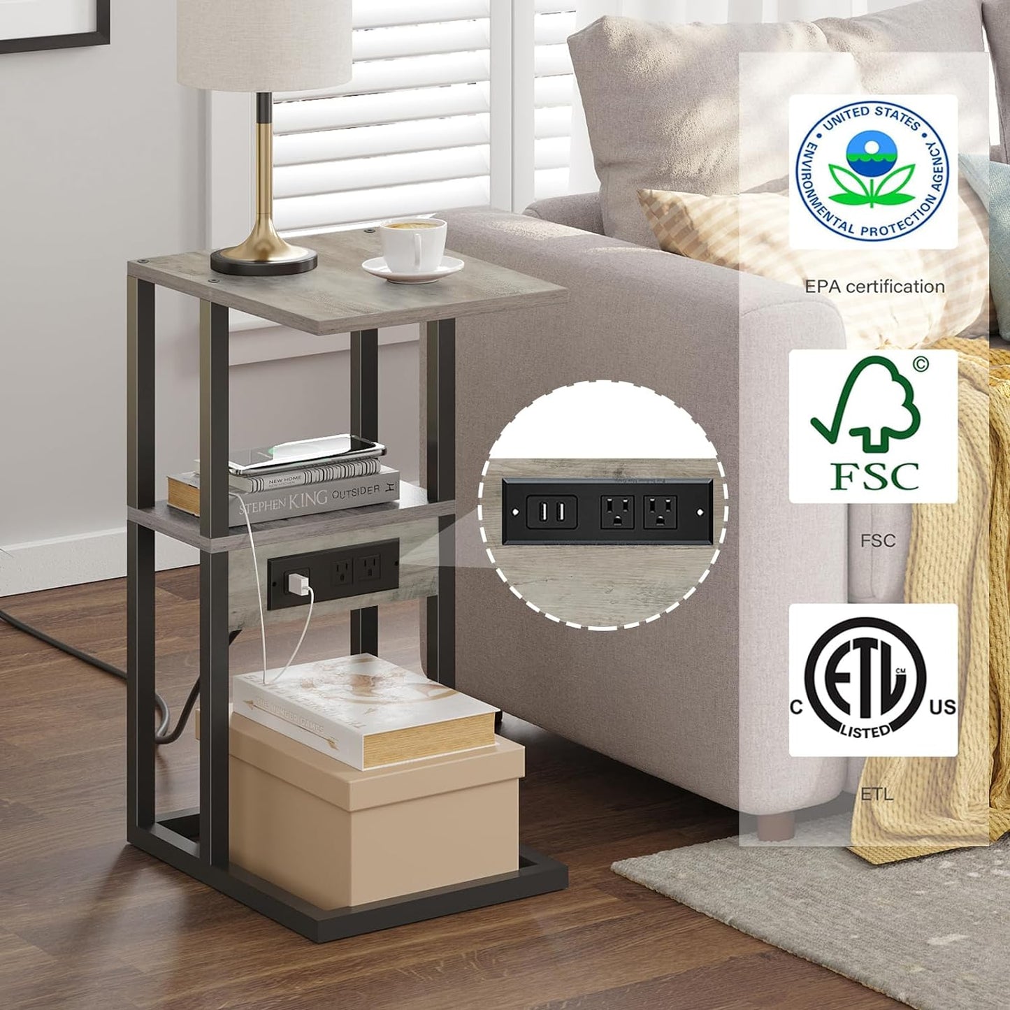 V1TB01BG043 TUTOTAK C Shaped End Table with Charging Station, Side Table for Small Spaces, Living Room, Bedroom