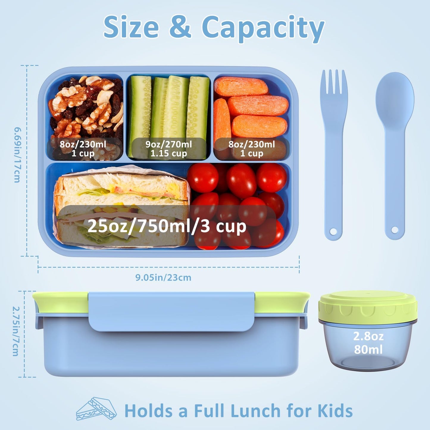 Caperci 50oz Larger Bento Box for Kids - Reinforced Leakproof Lunch Box Containers for Kids, Built-in Sauce Cup, Utensils, 4 Compartments, BPA-Free Microwave & Dishwasher Safe (Lime/Blue)
