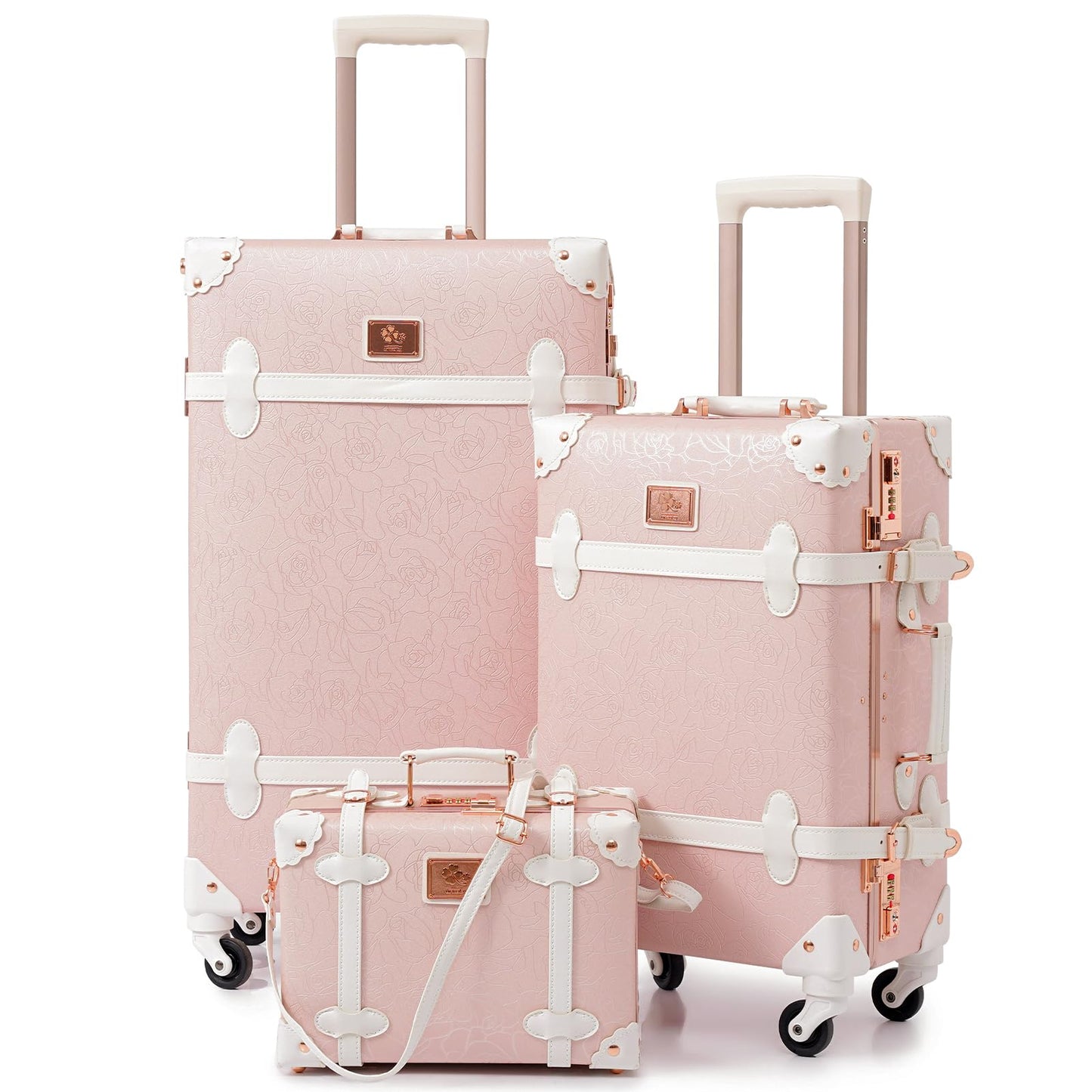 urecity Vintage Luggage Sets of 3 Piece - Hardside Lightweight Spinner Suitcases - Retro Travel Set includes Under Seat Train Case, 26"+20"+12" (Elegant Pink)