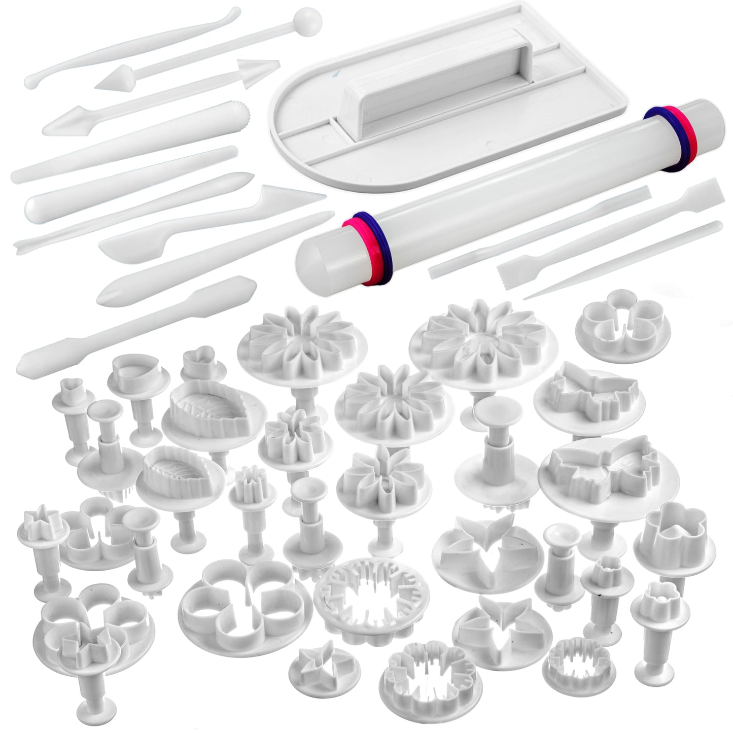 Bakerpan Fondant Tools Set, 47 Pcs Fondant Cake Decorating Supplies, Rolling Pin for Fondant, Gumpaste, Sugar Paste, Fondant Roller, Smoother, Fondant Cutters