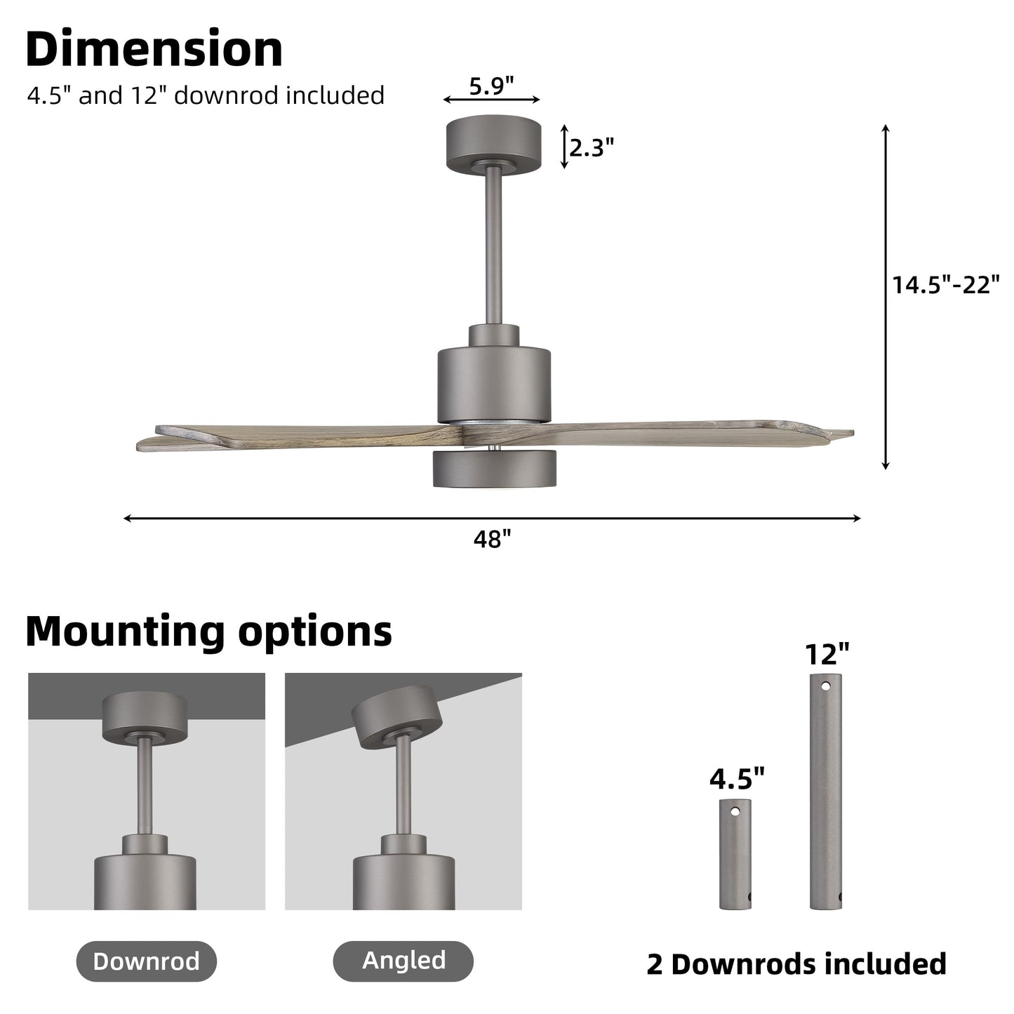 WINGBO 48 Inch DC Ceiling Fan with Lights and Remote Control, 5 Carved Solid Wood Blades, 6-Speed Noiseless Reversible DC Motor, Indoor Ceiling Fan in Graphite Finish with Gray Blades