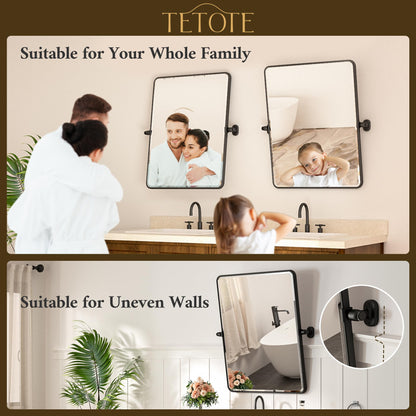 TETOTE Black Pivot Bathroom Mirror 48 x 30 Large Tilting Wall Beveled Mirror, Metal Framed Rectangle Vanity Mirror, Modern Farmhouse Adjustable Tilted Mirror, Horizontal/Vertical, Tempered Glass