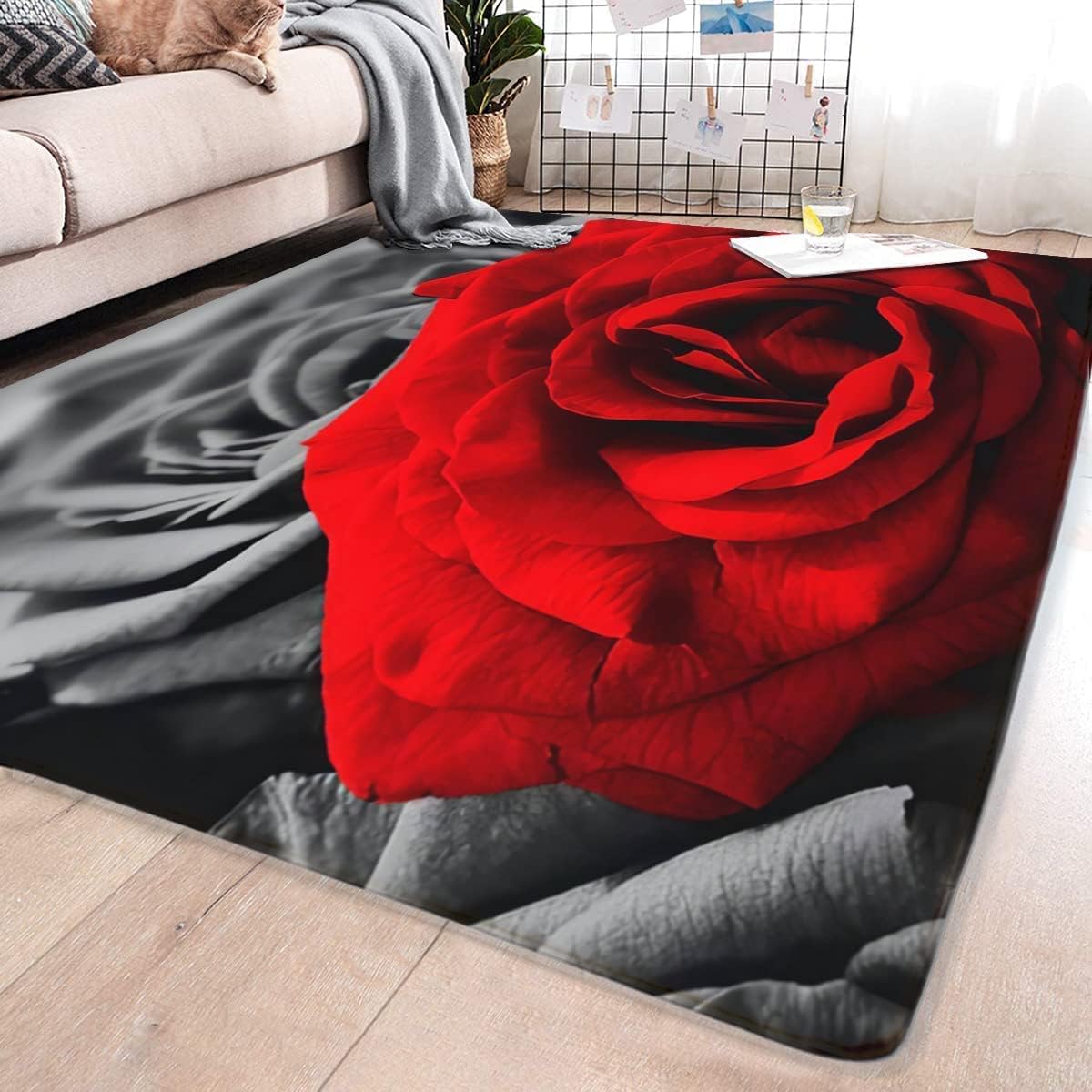 Large Farmhouse Rug - 19.7x31.5 inch Abstract Mat - Romantic Rose Black White Red Painting - Non-Slip Polyester Floor