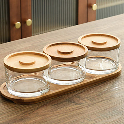 KVMORZE Chip and Dip Serving Set with Bamboo Tray, Snack Candy Fruit Nut Serving Platter, Small Glass Dipping Serving Bowls with Lids for Condiments, Side Dishes, Pre, Dessert, Salsa (4 Slots)