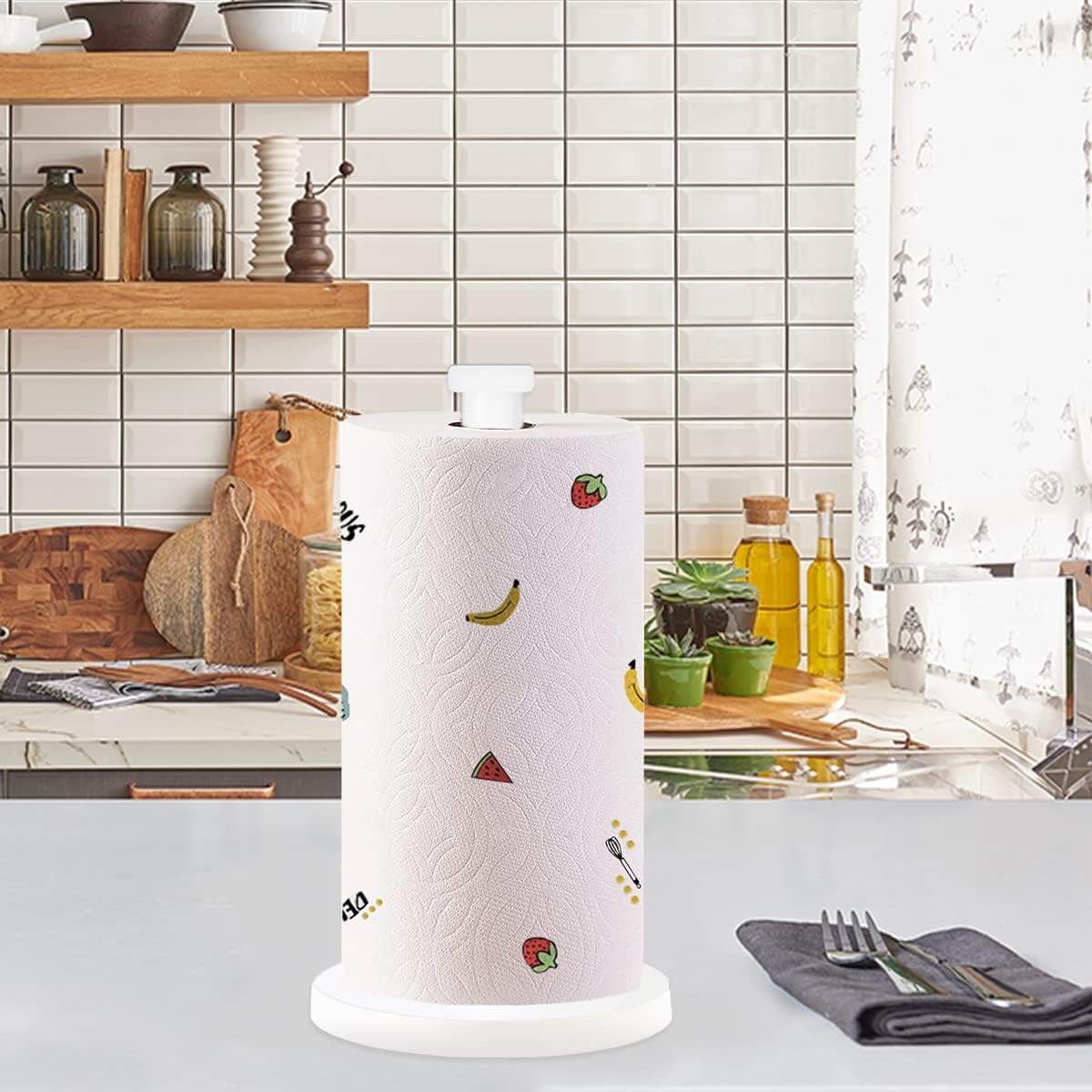 White Paper Towel Holder, Standing Countertop Roll Holder for Kitchen, Convenient Paper Towel Storage