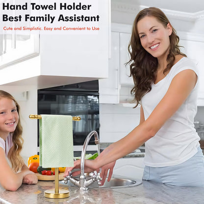 Hand Towel Holder Gold, T-Shape Hand Towel Stand for Bathroom, Stand Hand Towel Rack Free-Standing Towel Bar for Bathroom Kitchen Countertop, Stainless Steel
