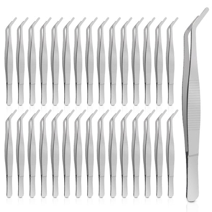 30PCS Thickened Stainless Steel Tweezers with Curved Serrated Tip, 6.3×0.4in Multipurpose Tweezers for Crafting, Craft Sewing, Garden Work and Feeding Small Animals, Non-Slipping Hand Tools (Sliver)