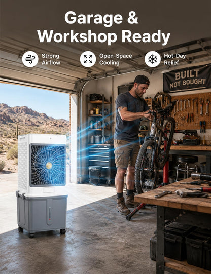 Swamp Cooler, Portable Air Conditioners Evaporative Air Cooler with 10GAL Detachable Tank, Windowless AC Unit Cooling Fan That Blow Cold Air with 120° Swing, 3 Speeds, Timer for Garage Patio Workshop