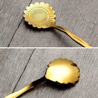 Stainless Steel Creative Flower Coffee Spoon Set - Sugar Spoon, Stirring Spoon, Ice Tea Spoon, Gold, Set of 8