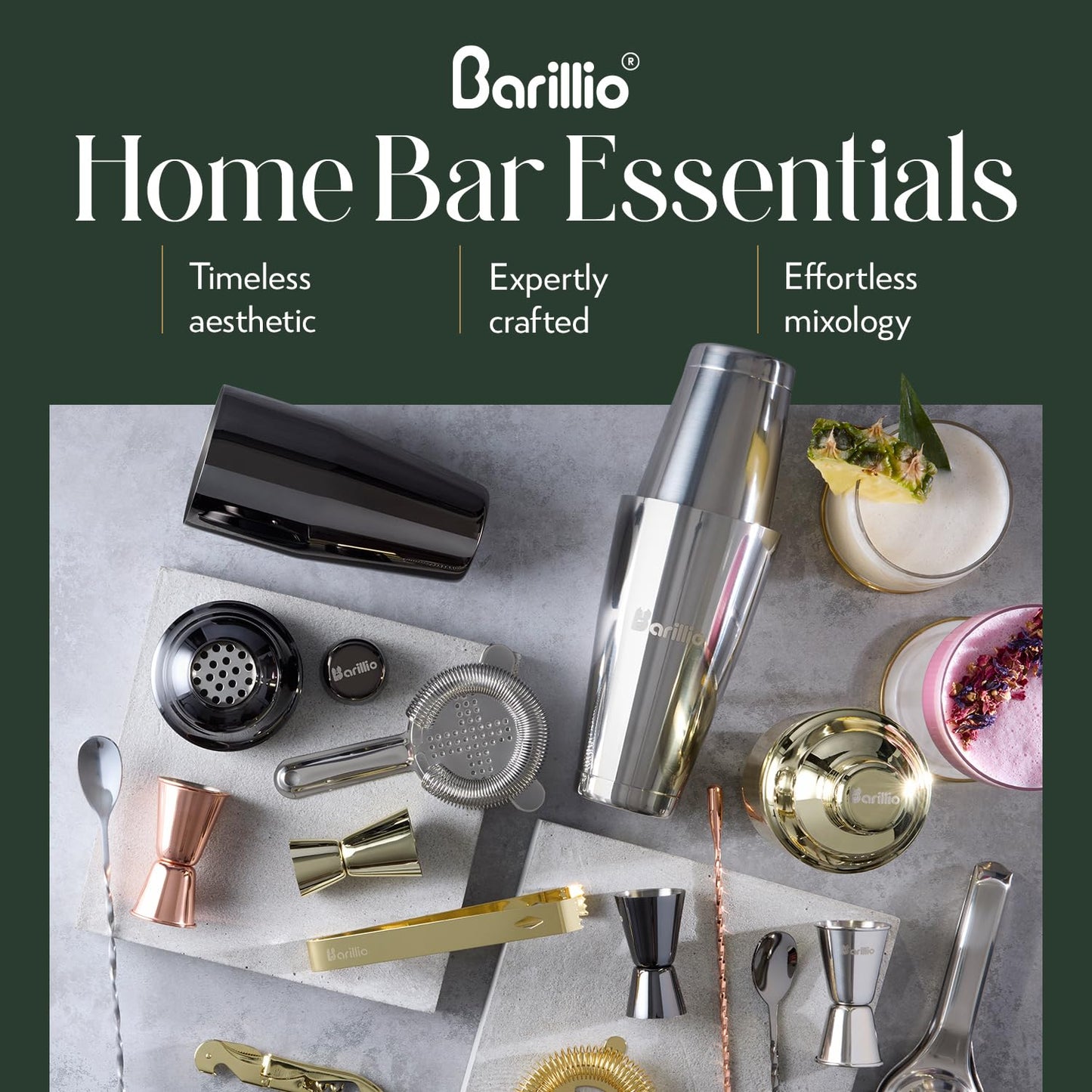 Barillio Bar Tool Set Pro Edition - Stainless-Steel Cocktail Shaker Set - Mixology Bartender Kit w/Boston Shaker, Drink Mixer & Muddler for Cocktails - Home Bar Accessories - 32-Pc Bar kit