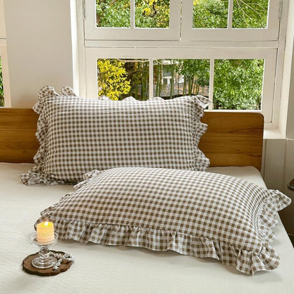 NSNLGSGC Tan Ruffled Plaid Gingham Standard Size Pillow Shams 20"x26", Set of 2 Taupe Checked Pre-Washed Microfiber Farmhouse Pillowcases for Bed/Sofa (20"x26", Tan Gingham)