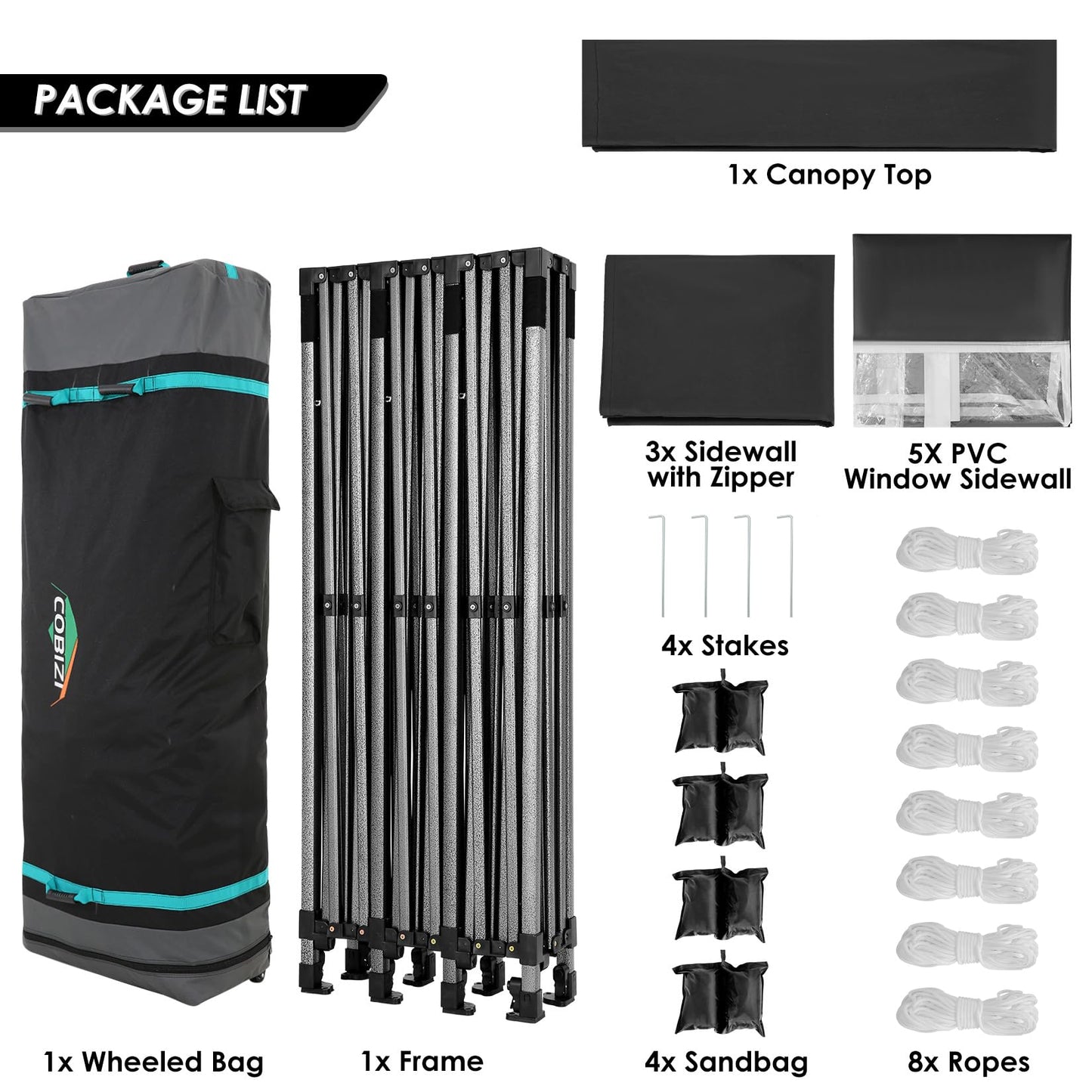 COBIZI 10x30 Pop up Canopy with 8 Removeable Sidewalls, Heavy Duty Party Tents for Parties, Events and Weddings, UPF 50+ Waterproof Commercial Tent with Roller Bag, Black (Windproof Upgraded)