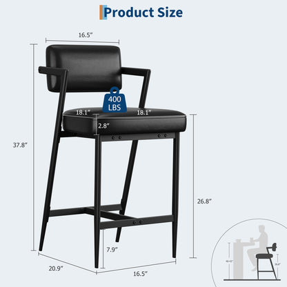 IDEALHOUSE Bar Stools Set of 4 with Armrest, Upholstered Counter Height Bar Stools with w/Backrest and Footrest, 27" Tall Bar Chairs Thick Cushion & Thickened Metal Legs, for Island