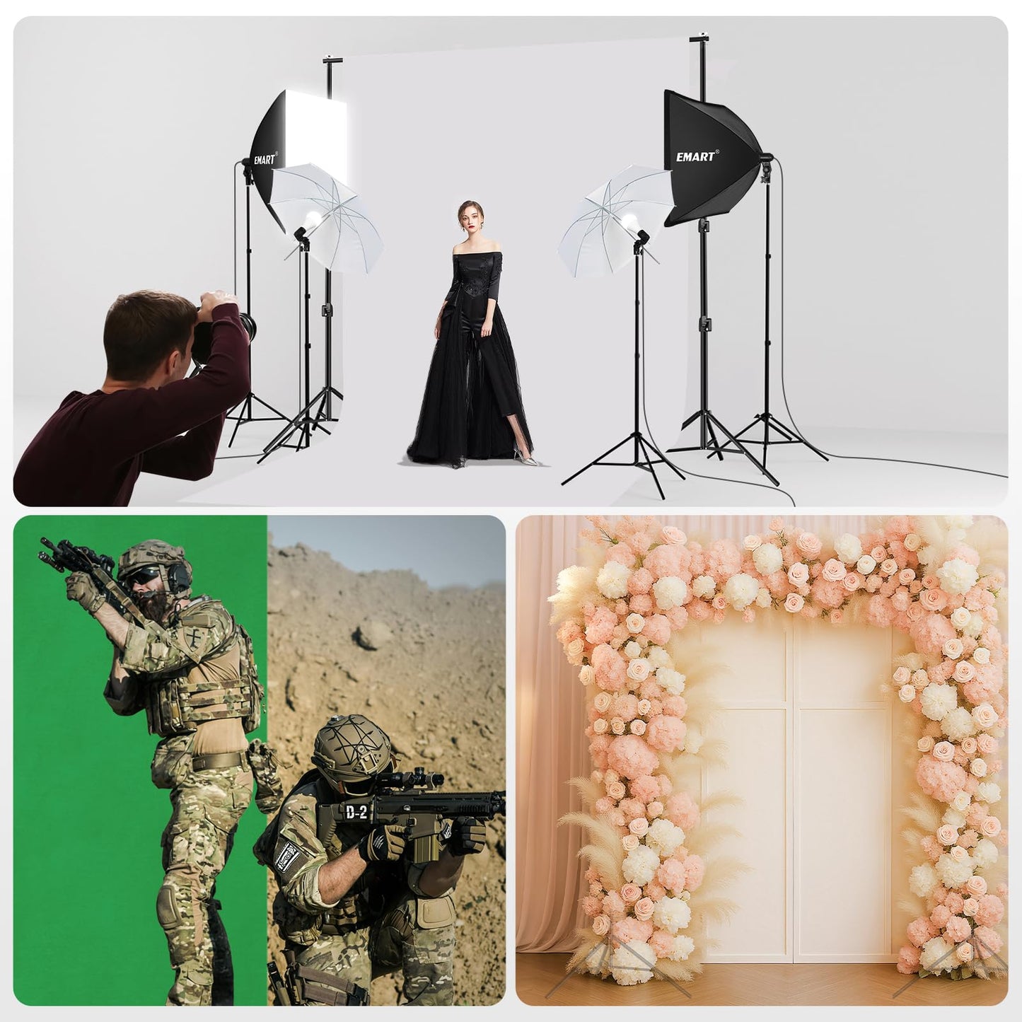 EMART 10 x 10 ft Heavy Duty Backdrop Support System, Professional Photography Lighting Kit with 5500K 50W LED, 10 * 15ft Backdrop *3, Reflector, Umbrellas&Softbox Lighting Kit for Studio, Portrait