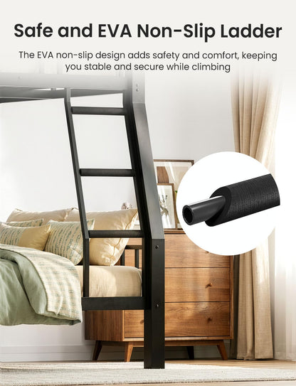 Mixcous Full XL Over Queen Bunk Bed for Adults, Heavy Duty Metal Queen Bunk Bed Frame with Reinforced Steel Slats, Full-Length Guardrails & Anti-Slip Ladder, Noise-Free, No Box Spring Needed, Black