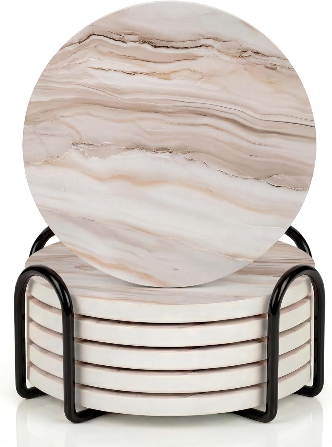 Veyro Set 6 Ceramic Coasters of Absorbent Stone Drink Coasters with Holder, Non-Slip Cork Backing, Modern Marble Look