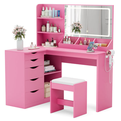 YESHOMY Vanity Desk with Lights and Mirror, L Shaped Makeup Table, Dresser with Hairdryer Holder and Power Outlet, Adjustable 3 Lighting Modes, 5 Drawers and Adjustabled Open Storage Shelves, Pink