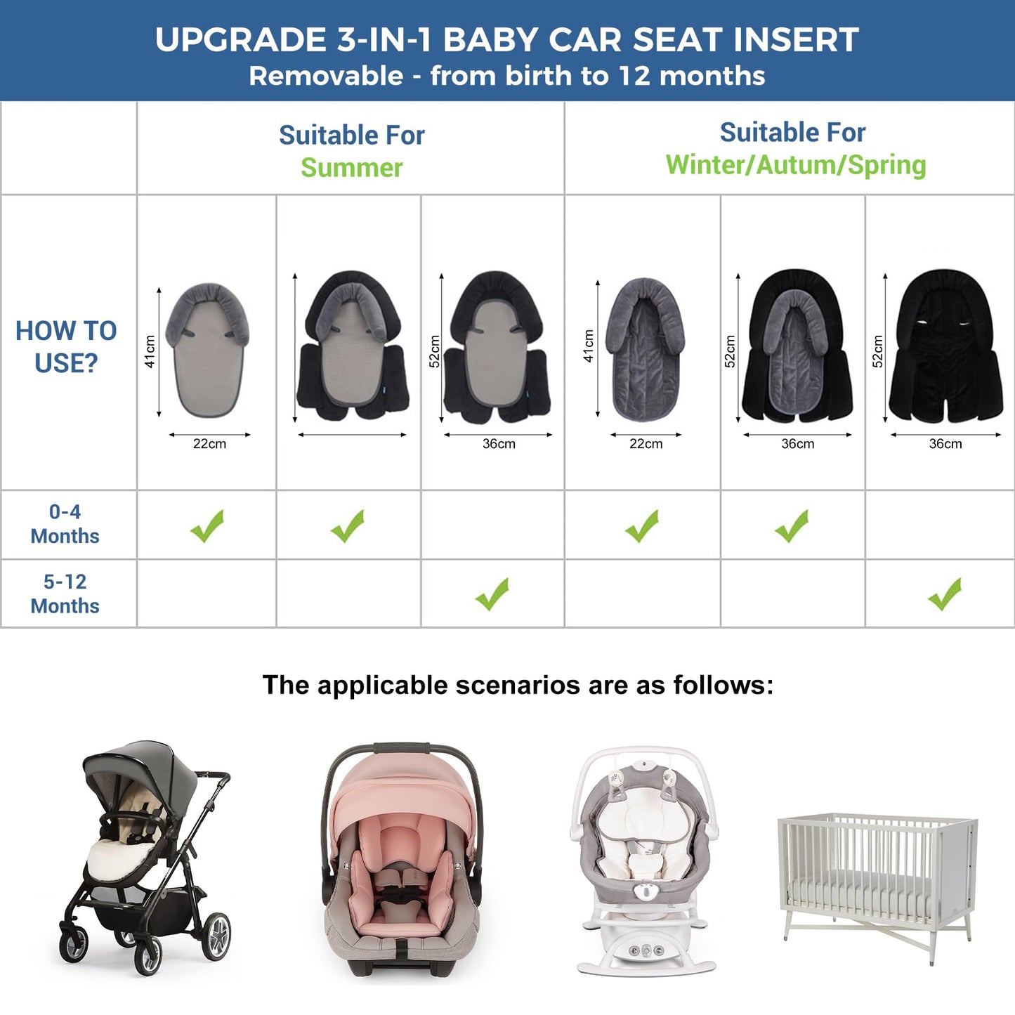 COOLBEBE Upgraded 3-in-1 Babybody Support for Newborn Infant Toddler - Extra Soft Car Seat Insert Cushion Pad, Perfect for Carseats, Strollers, Swings, Black