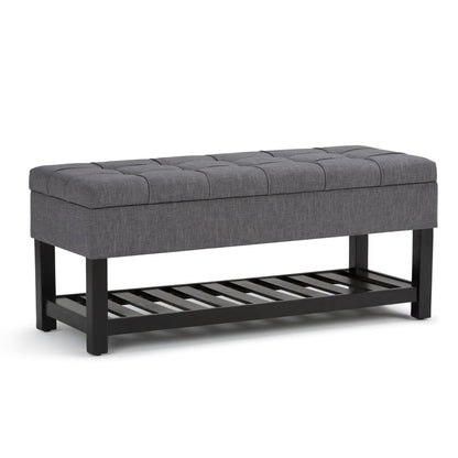 SIMPLIHOME Saxon Storage Ottoman Bench - 43 inch Wide Upholstered Linen Look Fabric Rectangle Storage Ottoman in Slate Grey, Transitional Bench for Bedroom with Tufted Lift-Top and Open Bottom Shelf