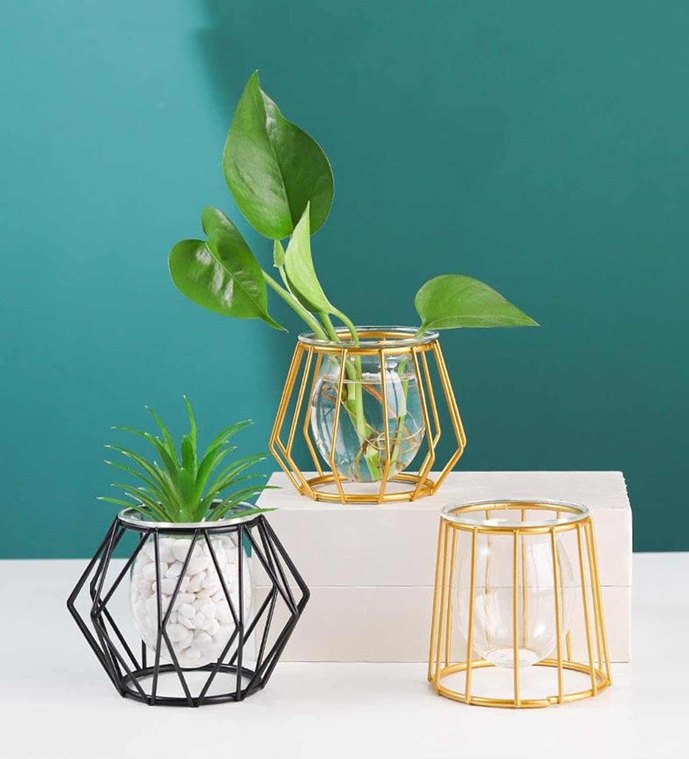 Nordic Small Clear Glass Vase, Metal Geometric Iron Line Cup Pot for Hydroponic Flowers, Modern Home Décor