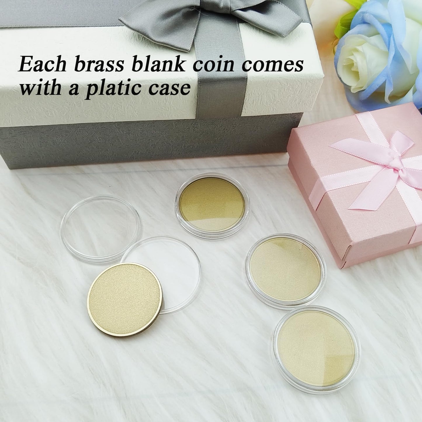 Solid Brass Blank Challenge Coins for Engraving, 10 Pcs Matte Finish 40 mm Brass Coin Blanks for Laser Engraving with Plastic Case - 3mm Thickness Blank Coins for DIY Crafts Gifts