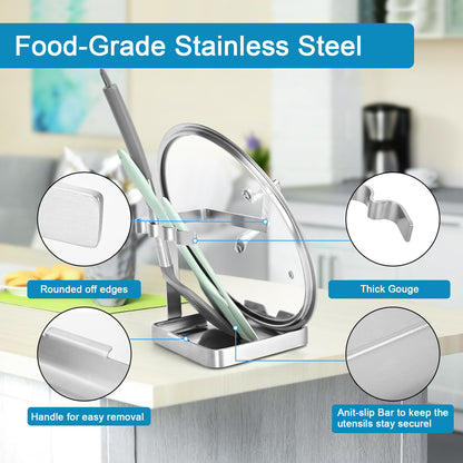 SOLEADER Pot Lid Holder While Cooking, 2 in 1 Stainless Steel Upright Spoon Rest with Drip Tray, Space Saving Kitchen Utensil Organizer for Stove Top Countertop, Lid Rack for Pots and Pans
