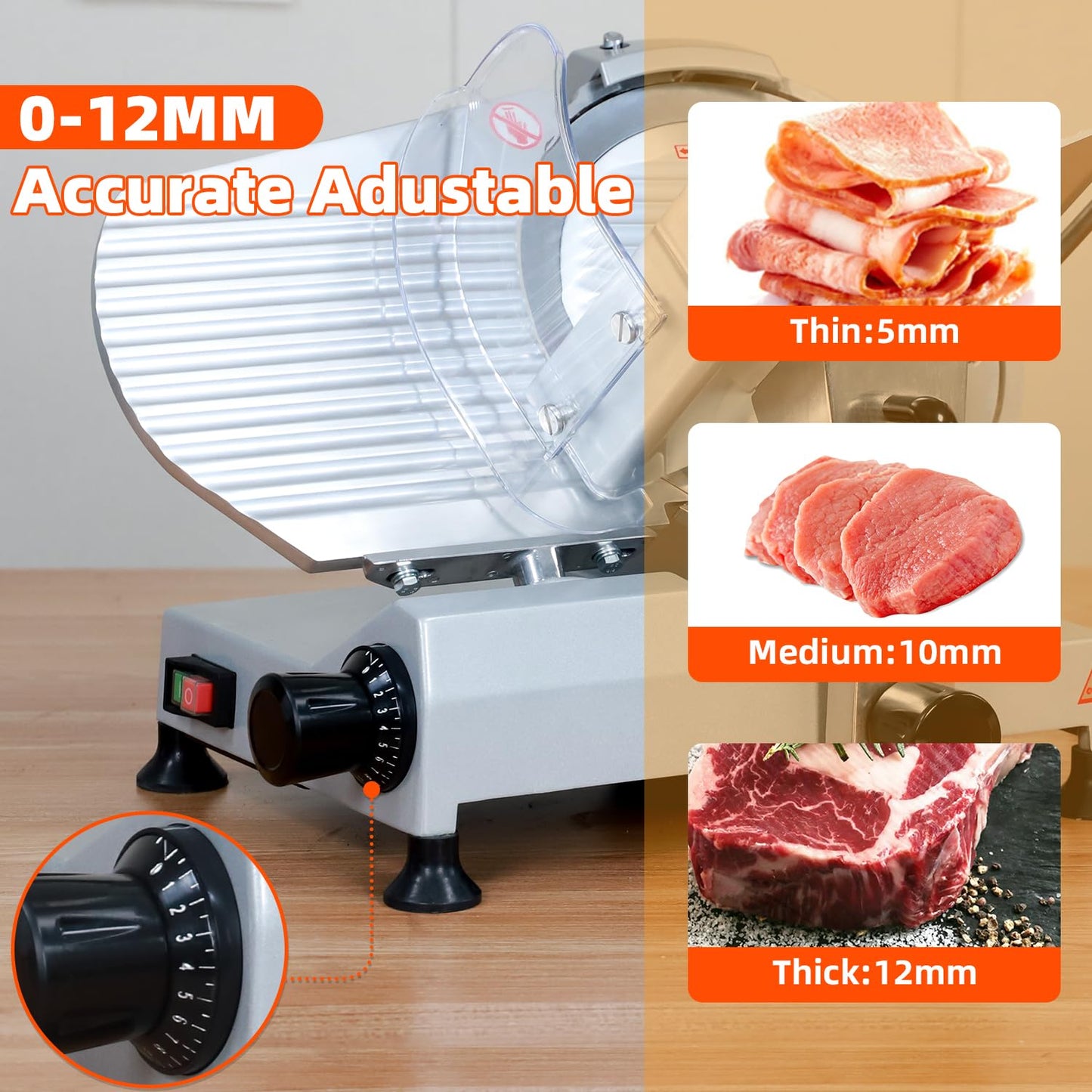 CHEF KEY Commercial Meat Slicer, 10 inch 240W Frozen Meat & Deli Slicer, Premium Carbon Steel Blade & Built-in Sharpener, 0-0.47 inch Adjustable, Semi-Auto for Commercial and Home Use
