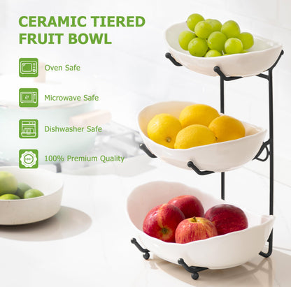 HBlife Fruit Bowl for Kitchen Counter - 3 Tier Ceramic Fruit Rack, Fruit Basket for Fresh Fruit&Veggies, Tiered Fruit Platter Serving Trays for Party