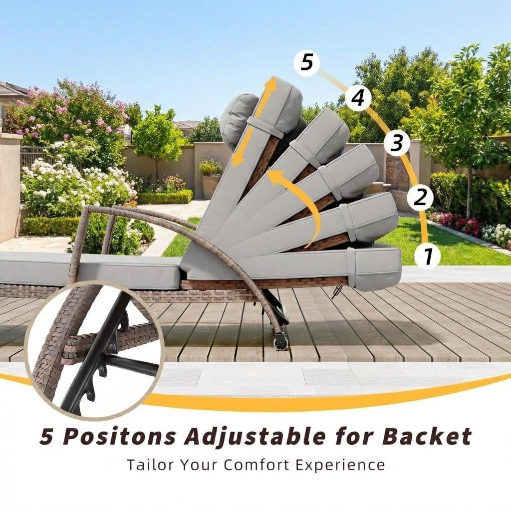 Garvee Outdoor Chaise Lounge Set of 2, 5-Position Adjustable PE Wicker Reclining Chairs with Wheels & 3.5" Cushions, 400 lbs Capacity All-Weather Patio Furniture for Poolside, Garden, Beach(Gray)