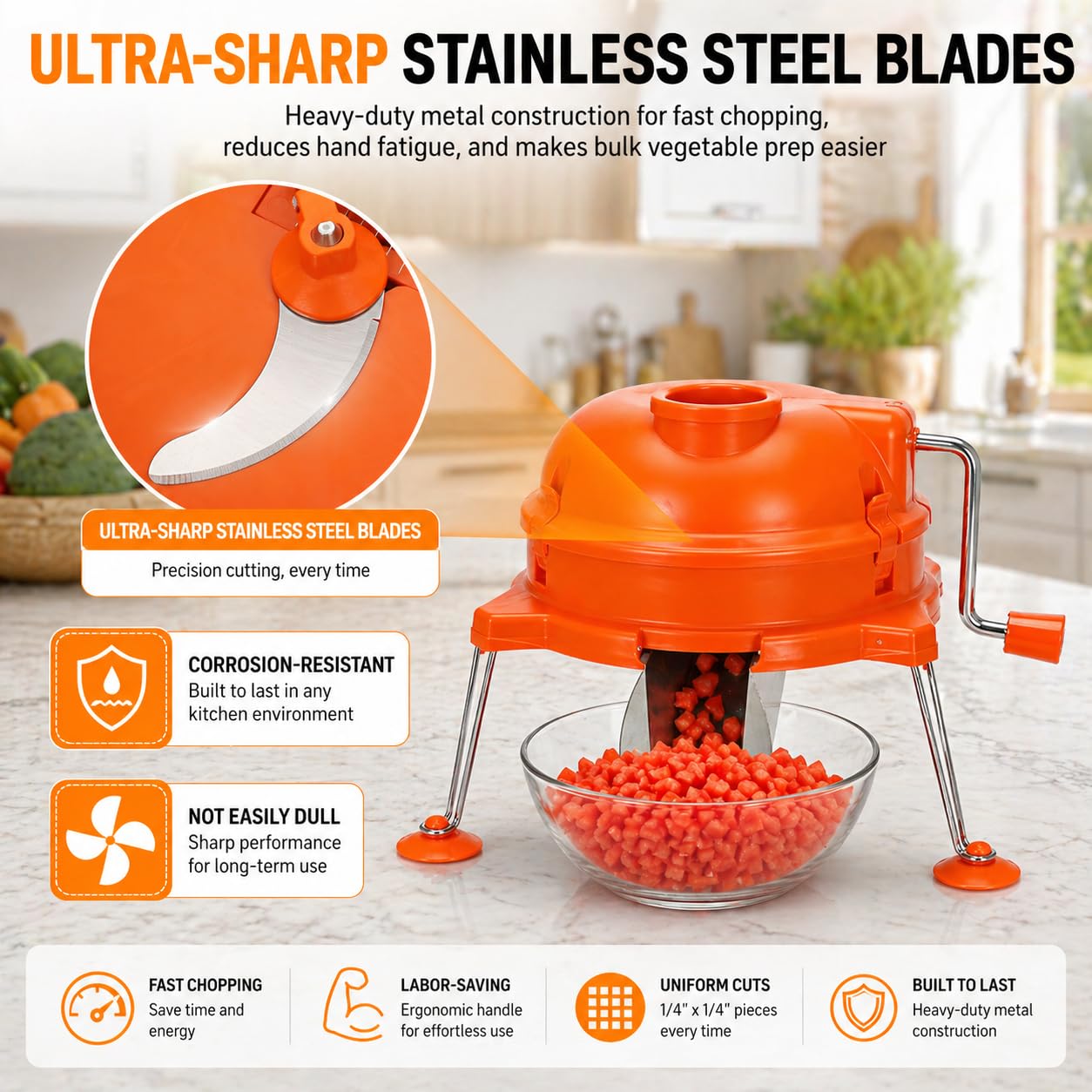 CL003 Commercial Vegetable Dicer, CL003 Dynacube Manual Tabletop Cuber, Heavy Duty 1/4" x 1/4" Food Prep Cutter, Orange Kitchen Vegetable Cutting Tool, Durable for long lasting use