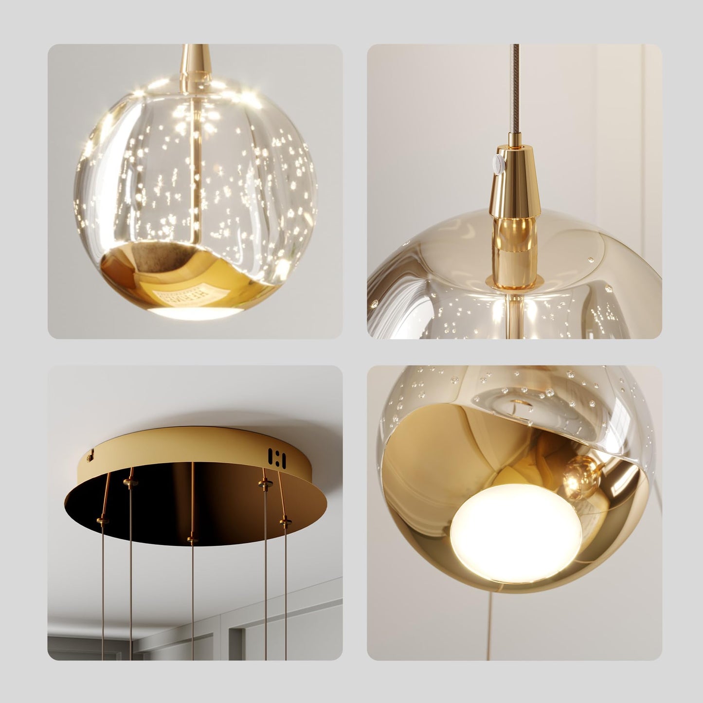 Lucande 5-Light Modern Gold Glass Globe Chandelier, Hanging Cluster Pendant Light Kitchen Island & Foyer Chandelier, Warm White 3000K, Brushed Gold Pendant Lights Cluster, Ø 11.03 in