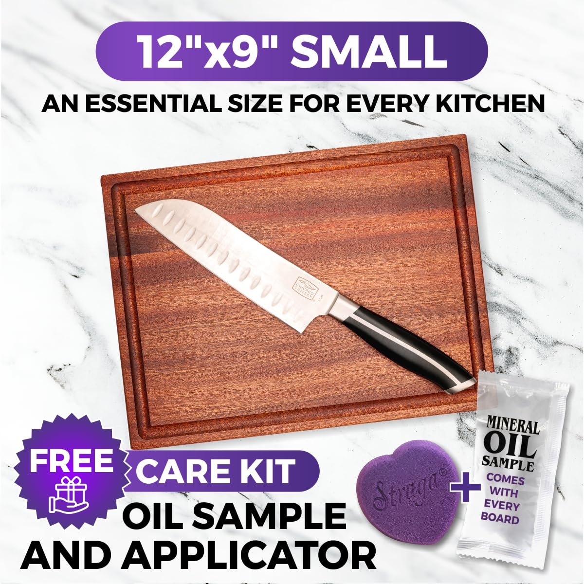 Straga Premium Mahogany Hardwood Cutting Board, 12" x 9" x 0.75", Sustainable Kitchen Essential with Juice Groove