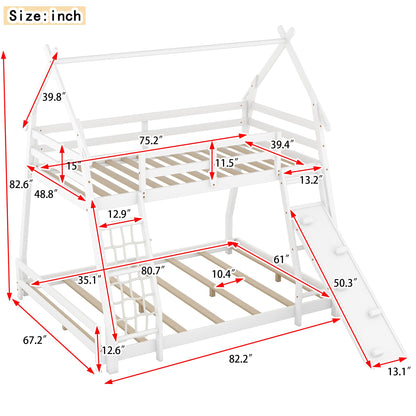 Bellemave Bunk Bed Twin Over Queen with Slides and Stairs, House Bunk Bed with Climbing Nets and Climbing Ramp for Kids, Teens, White