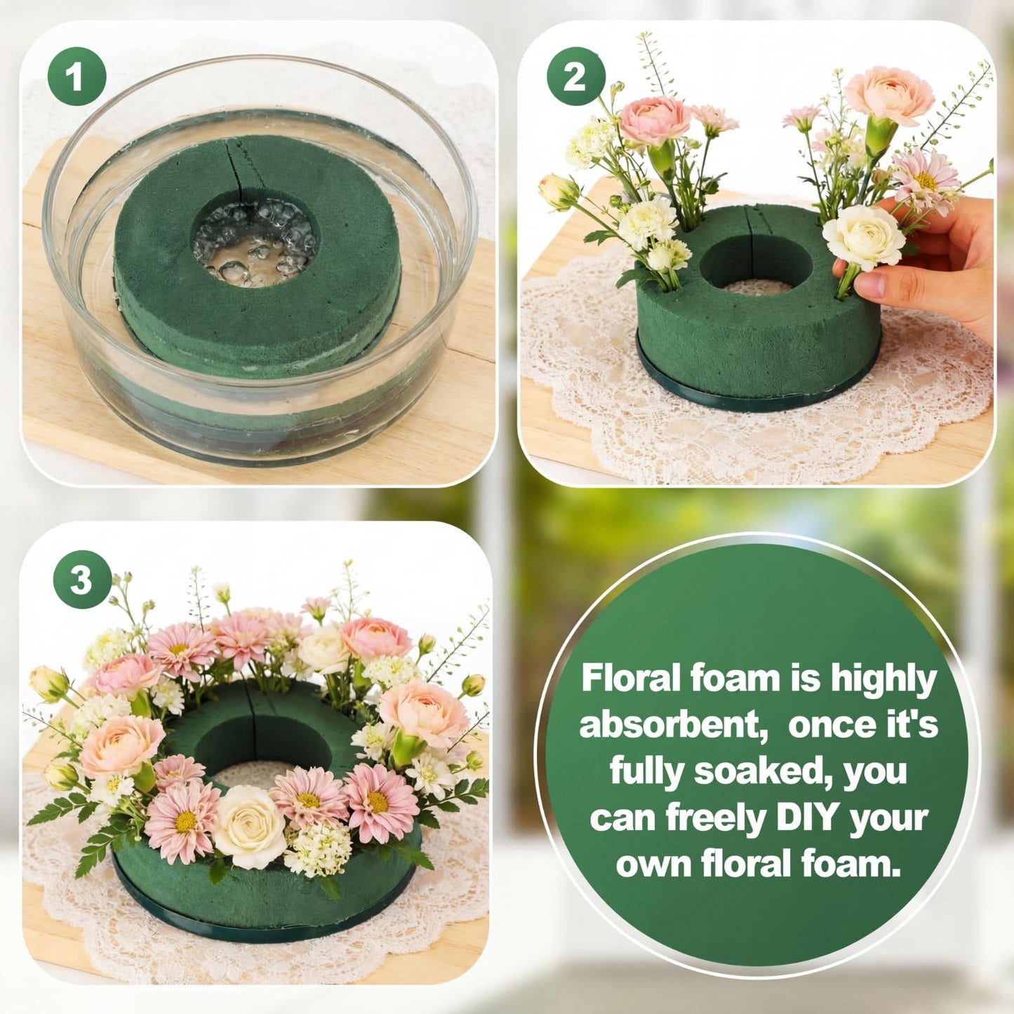 Wonderjune 12 Pcs Mini Floral Foam Holder for Wine Bottle Topper Green Flower Foam Round with Base Flower Arrangement Supplies for Wedding Party Table Decoration Wine Bottle Decor (3.9 x 1.8")