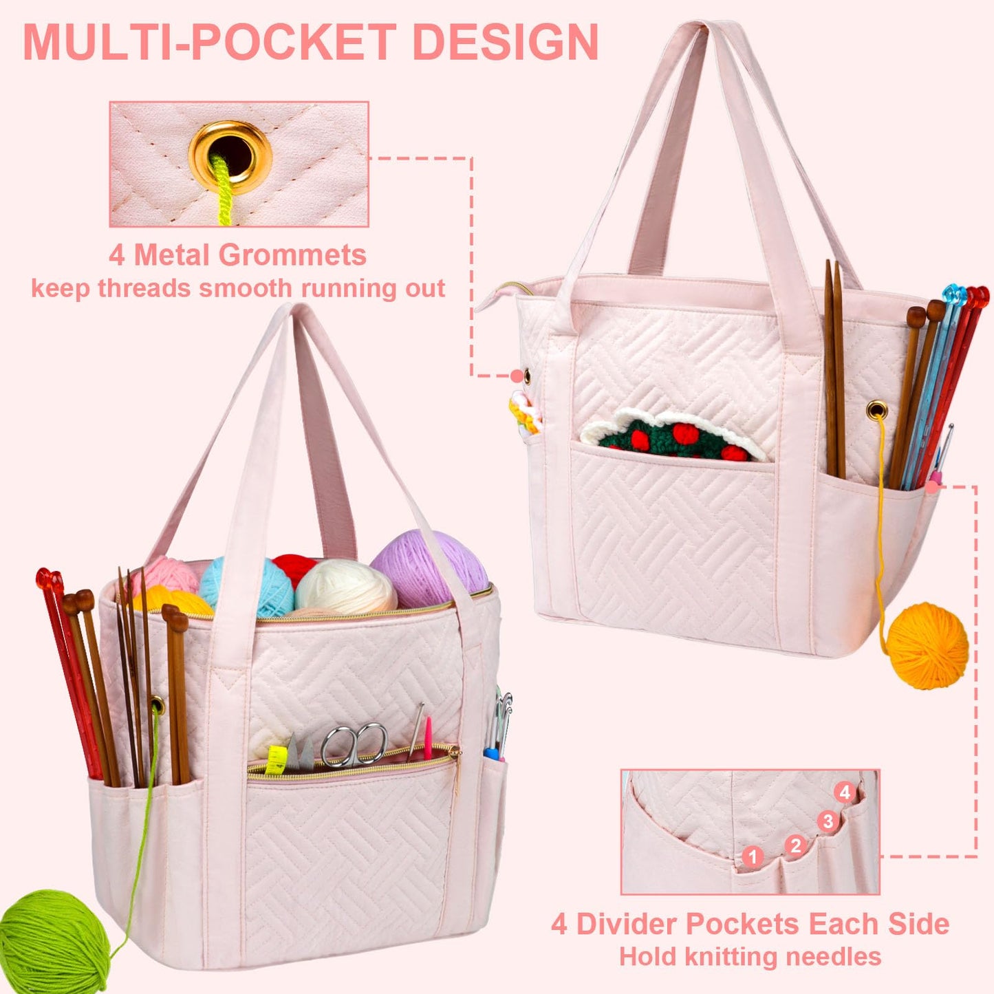 Veirdro Crochet Bag Organizer for Yarn Storage, Velvet Knitting Tote Bag with Double Handle for Crochet Accessories, Portable Travel Case for Yarn Balls, Crochet Hooks& Knitting Needles Holder (Pink)