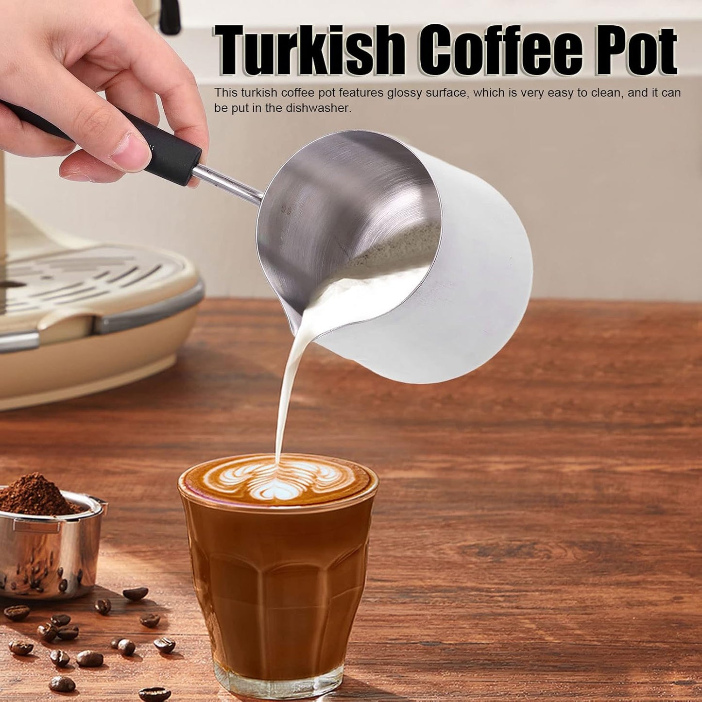 Stainless Steel Turkish Coffee Pot, 600ml Long Handled Milk Frother Pitcher for Home Coffee Shop