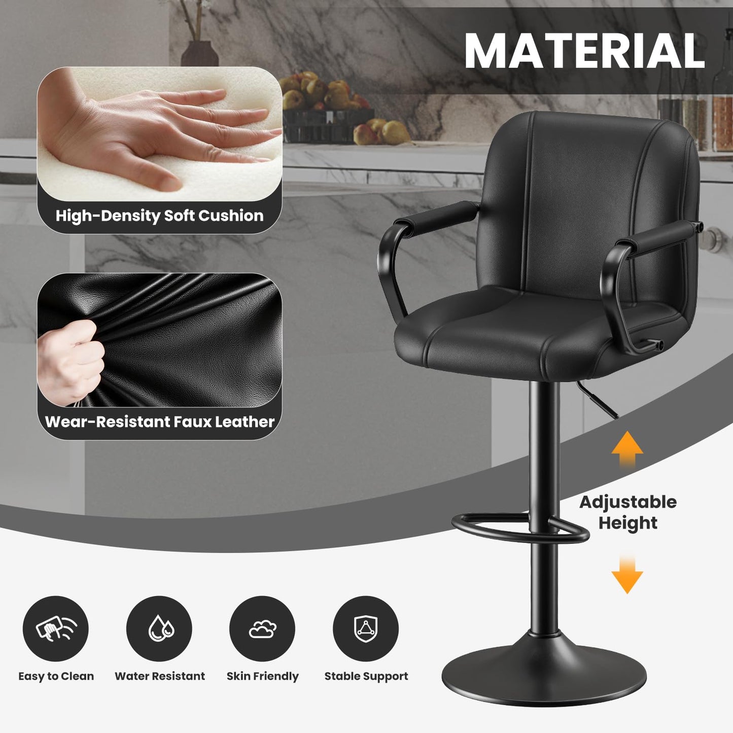 MALOL Set of 4 Kitchen Bar Stools with Armrest and Back - Sillas para Barra de Cocina, Adjustable Barstools for Island Counter, Bar Chairs, Bancos para Barra de Cocina, Black Finish