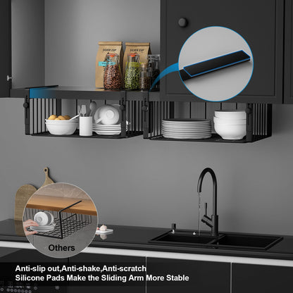 AmonHouseware 2Pack Under Shelf Basket Organizer,Adjustable Hanging Holder Storage for Cabinet Pantry Kitchen Cupboard Desk Counter Bookshelf Organization Add-on Space Saver Heavy Duty Slide-in,Black