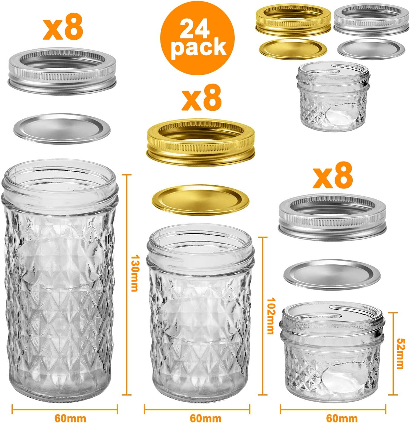 24 Pack 4 OZ 8, 8 OZ 8, 12 OZ 8 (4oz -8oz-12oz) SPANLA Mason Jars, Canning Jars With Regular Lids, Ideal for Jam
