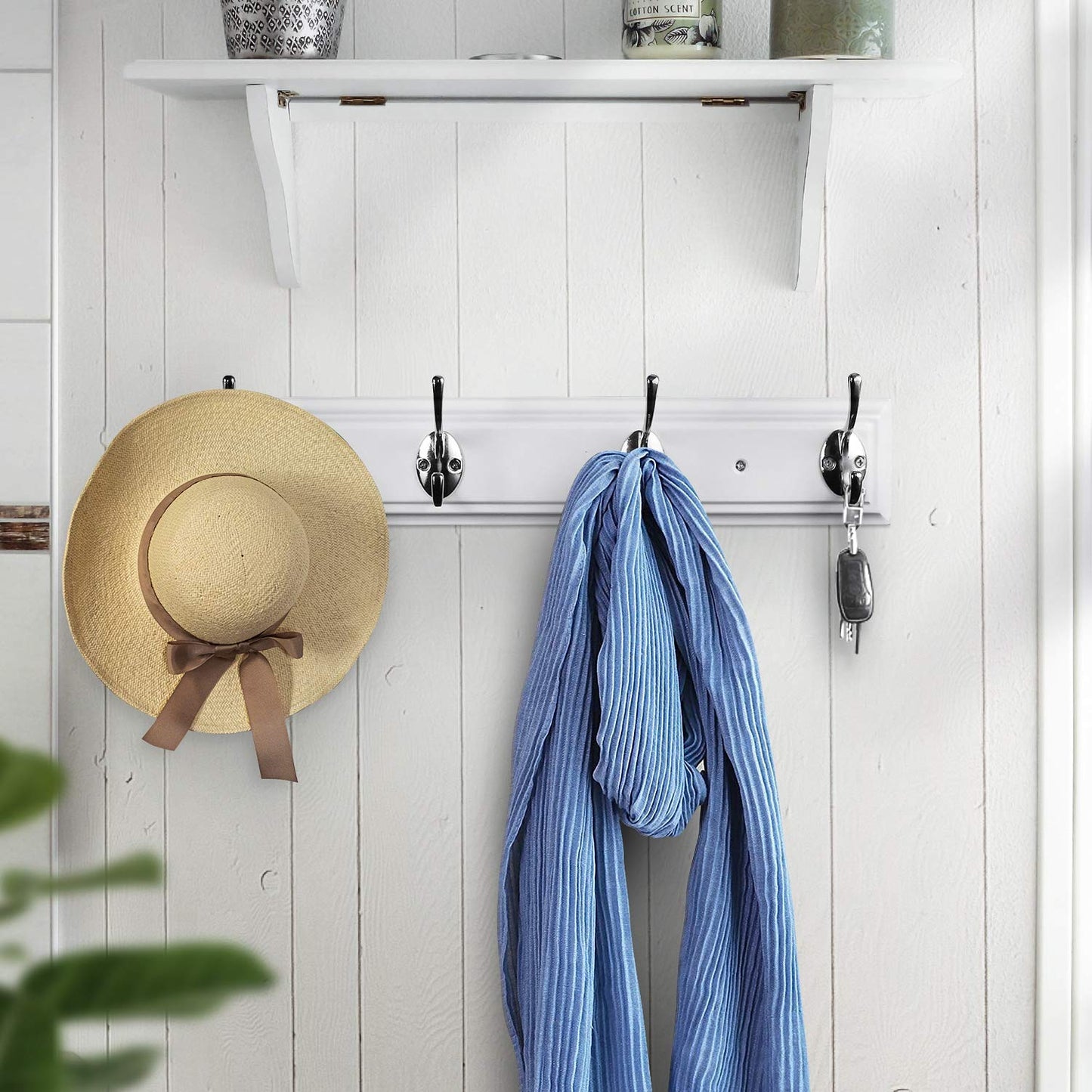 YTJG Coat Rack Wall Mounted White, 17" Wooden Modern Wall Coat Hanger with 4 Hooks, Heavy Duty Zinc Alloy Wall Hook Rack for Hanging Coats, Keys, Bags, Great Touch for Bedroom Bathroom Kitchen