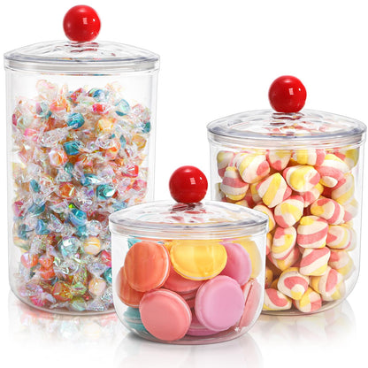 Nagpew 3 Pack Clear Candy Jar, Airtight Plastic Cookie Jars with Lids in 3 Sizes, Wide Mouth Food Storage Apothecary Container for Office Desk, Kitchen, Counter, 70 Oz, 45 Oz, 27 Oz