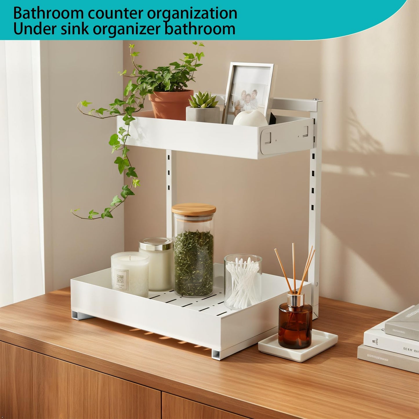 Under Sink Organizer, Bathroom Counter Organizer, 2 Packs 2-Tier Metal, Under Cabinet Storage, Makeup Storage, Adjustable Height & Slide-Out Drawer for Kitchen Bathroom, White