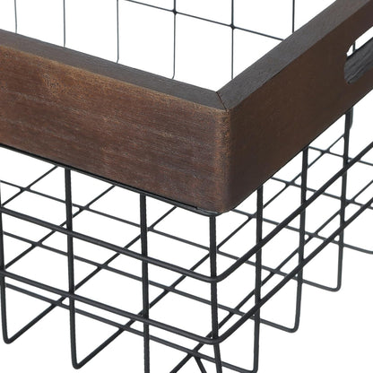 Set of 3 Metal Wire Baskets, Organizing Wood Top with Handles, Storage Organizer for Kitchen Cabinets, Pantry, Laundry