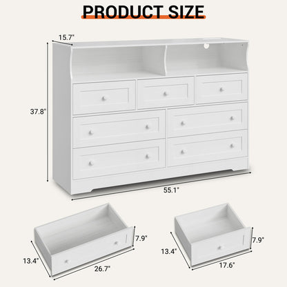 IDEALHOUSE Dresser for Bedroom with 7 Drawers, LED Lights & Charging Station, Wooden Chest with 2 Open Compartments, Freestanding Storage Organizer for Closet, Nursery, Entryway, White