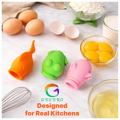 GEGERO Egg Yolk Separator, Food Grade Silicone, Dishwasher Safe Kitchen Gadget for Cooking/Baking. Swallow and Release Raw Egg Yolk from White, Quick & Mess-free, Pack of 3 (Pig, Fish & Frog Design)