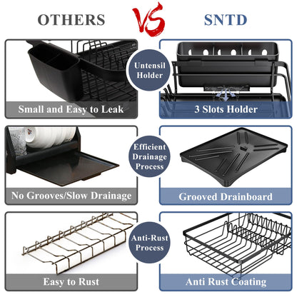 Dish Drying Rack - Rust Resistant Dish Drainer for Kitchen Counter with Drainboard & Rotating Spout, Large-Capacity Dish Rack with Removable Utensil Holder, Space-saving kitchen organizer, Black