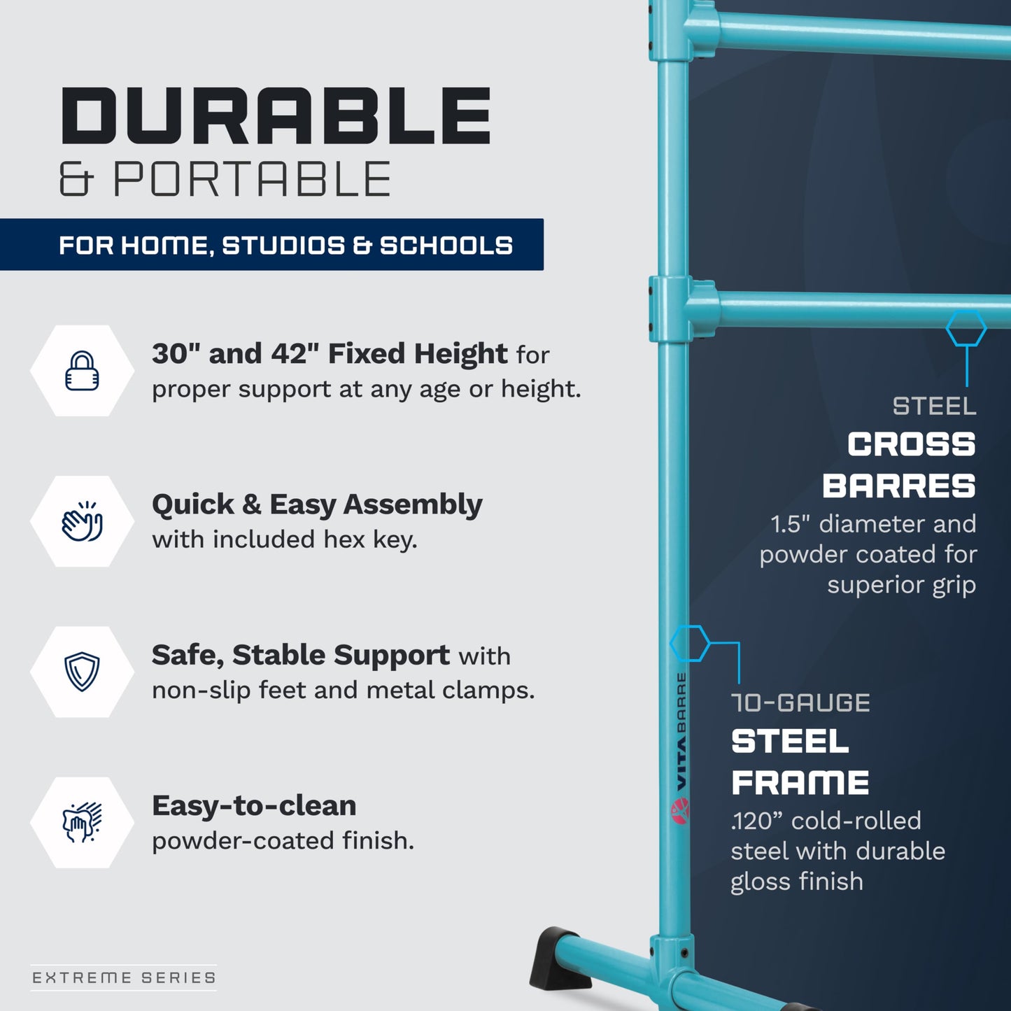 VITA Barre Portable Freestanding Double Ballet Barre, Extreme, 12 Ft Bars, Teal, Steel | Fixed Height, Made in USA, Home or Gym Exercise Equipment for Kids & Adults | Dance, Fitness, Pilates