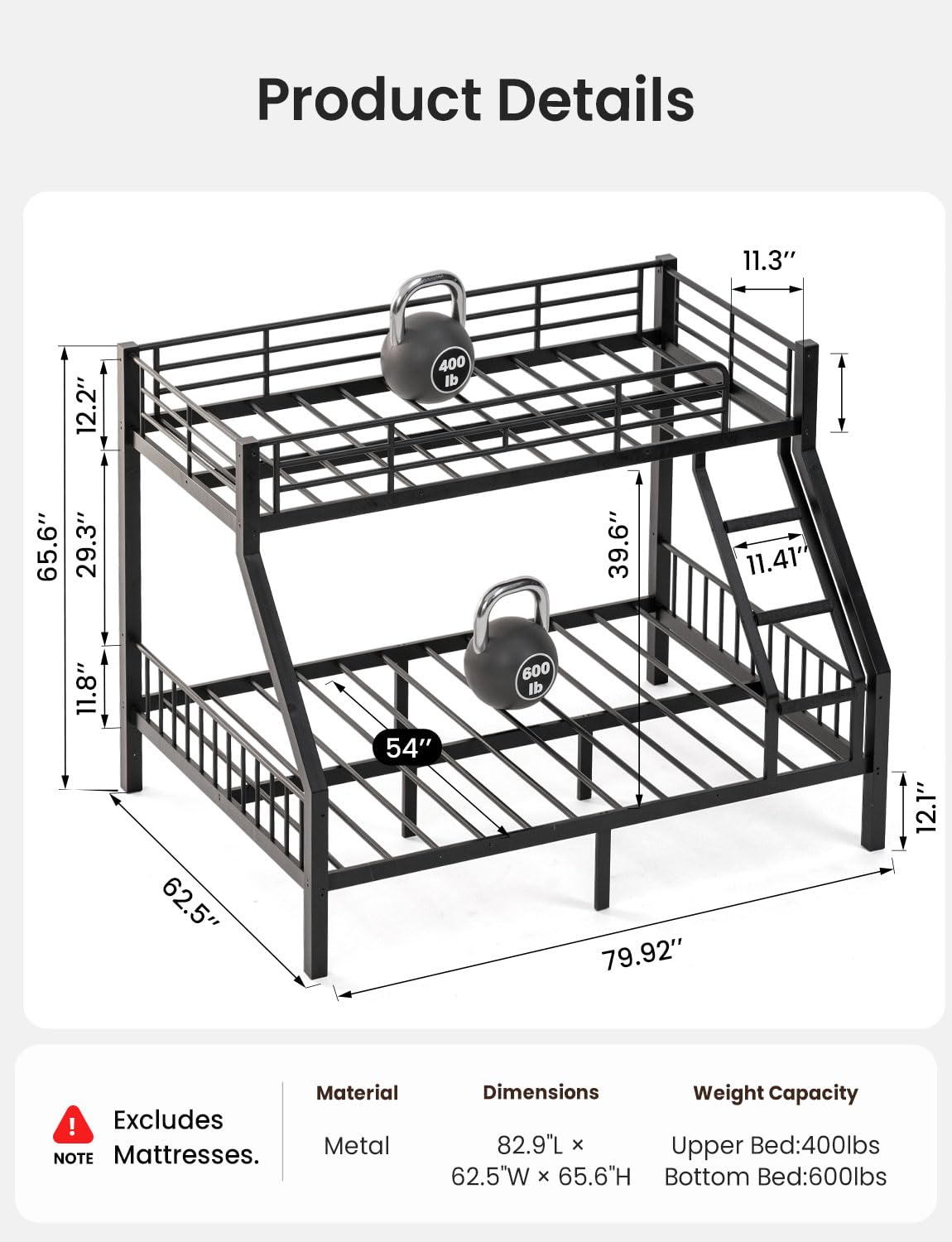 Mixcous Twin XL Over Queen Bunk Bed, Heavy Duty Queen Bunk Bed for Adults, Metal Bed Frame with Full-Length Guardrails & EVA Padded Anti-Slip Ladder, No Box Spring Needed, Black