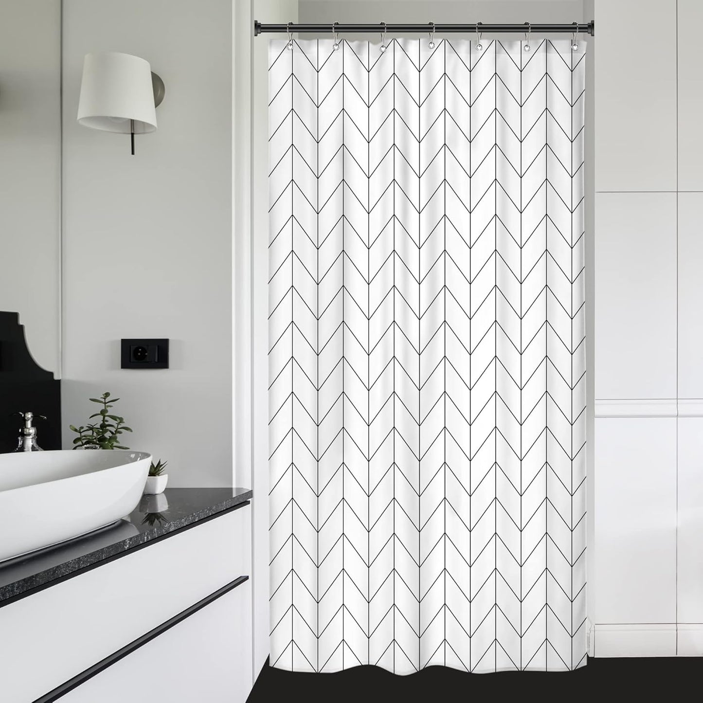 Riyidecor Small Stall White Black Half Single RV Camper Shower Curtain 39x72 Inch, Chevron Herringbone Geometric Decor