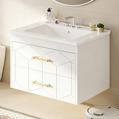 IDEALHOUSE Floating Bathroom Vanity with Sink 24 inch, Modern Bathroom Sink Cabinet, Ceramic Vanity Top, 2 Large Storage Drawers with Gold Metal Handle, Easy to Assembly, White
